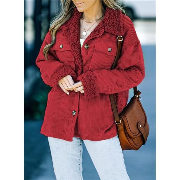 Women's Corduroy Sherpa Jacket Button Down Fleece Fur Collar Winter Coat, Red - Picture 2 of 6
